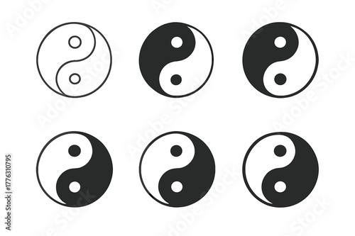 Harmonious Yin-Yang Logos. balance. Set Logo of balance: Yin?yang symbol. Icon set. harmonious logo variations of the same emblematic concept, each with