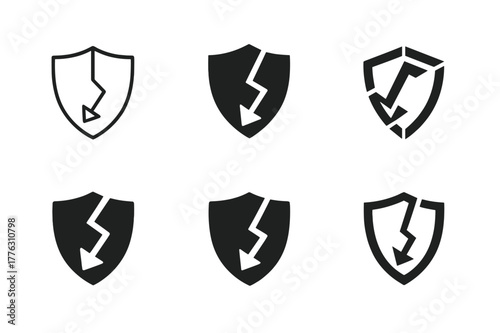 Risk Logo Variations. Risk of loss. Set Logo of Risk of loss: broken shield with downward arrow. harmonious logo variations of the same emblematic concept,