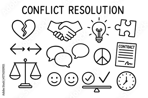 Conflict Resolution Doodles. Conflict resolution. Hand-drawn doodle illustration conflict resolution broken heart, handshake, light bulb, puzzle piece, arrows