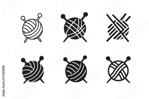 Knitting Relaxation Logos. Traditional forms of relaxation like knitting or sewing. Set Logo of Traditional forms of relaxation like knitting or sewing: yarn