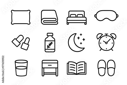 Sleep Essentials Icons. Sleep Essentials. Line icon set of Sleep Essentials: pillow, blanket, bed, sleep mask, earplugs, lavender bottle, moon, alarm clock,