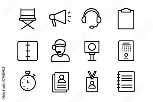 Film Crew Icons. Director and Crew. Line icon set of Director and Crew: director chair, megaphone, headset, clipboard, script binder, stage manager, cue light,