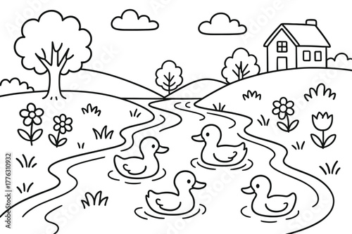 Countryside River Coloring. Countryside river scene children?s coloring book illustration, outlined drawing, gentle river flowing between grassy banks with