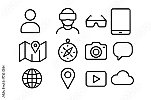 Virtual Guide Icons. Virtual guides. Line outline icon set of virtual guides: person icon, VR headset, AR