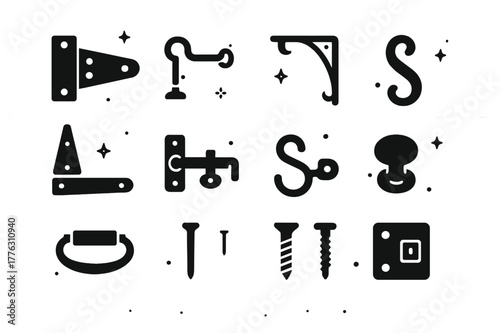 Farmhouse Hardware Icons. Farmhouse Porch Hardware. Solid icons set of Farmhouse Porch Hardware: barn door hinge, hook and eye, wrought iron bracket, shutter