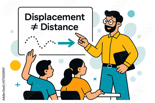 Physics Concept Illustration. Physics Classroom Example. Teacher points to a whiteboard where ?Displacement ? Distance? appears beside two distinct line