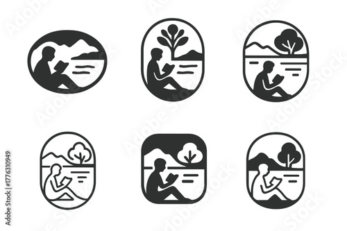 Nature Serenity Logos. People enjoying peaceful, solitary moments in nature. Set Logo of People enjoying peaceful, solitary moments in nature: reader sitting