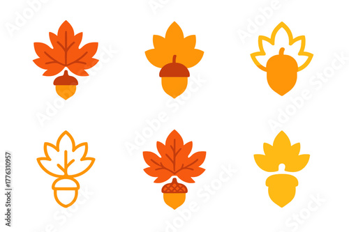 Autumn Leaf Logo Grid. A close-up of colorful autumn leaves, showing rich shades of red, orange, and yellow. Set Logo of Autumn leaves: leaf and acorn symbol.