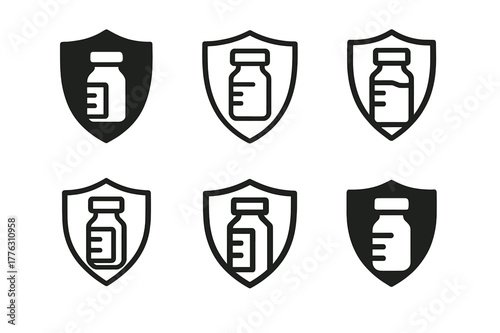 Health Campaign Icons. Public health campaigns. Icon set. Set Logo of public health campaigns: vaccine vial and shield. harmonious logo variations of the same