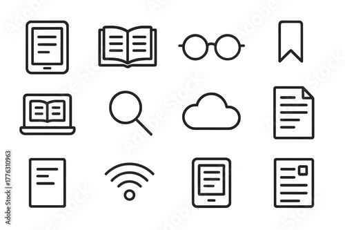 Online Reading Icons. Online reading. Line outline icon set of online reading: tablet, open book, glasses,