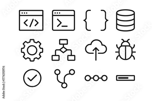 Software Development Icons. Software Development. Line icon set of Software Development: code editor, terminal window, brackets, database icon, gear,