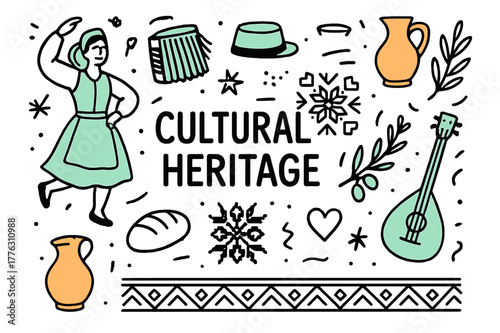 Cultural Heritage Icons. // Cultural heritage. Hand-drawn doodle illustration Cultural heritage [folk dancer (accented), accordion (accented), traditional hat