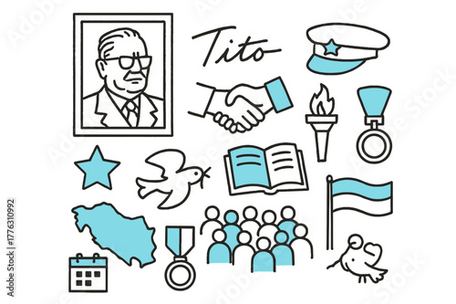 Tito's Legacy Icons. // Tito?s legacy. Hand-drawn doodle illustration Tito?s legacy [portrait frame (accented), signature (accented), star badge (accented),