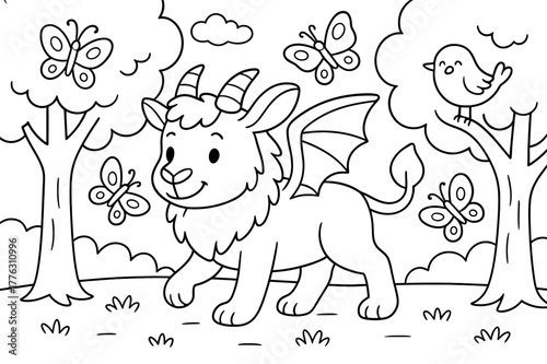 Chimera Forest Adventure. Friendly fantasy forest children?s coloring book illustration, outlined drawing, a cheerful chimera walking among trees with smiling
