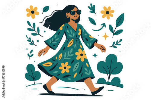 Boho Park Stroll. A young woman wearing a boho-chic dress and oversized sunglasses. Woman strolling through park wearing flowing bohemian dress and oversized