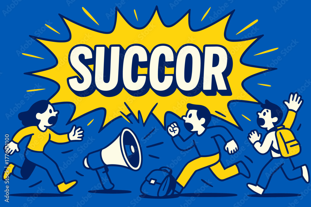 Fototapeta premium Succor Banner Explodes. Prompt Succor banner, flat vector illustration, bold oversized text inside splash explosion banner, cartoon characters running and