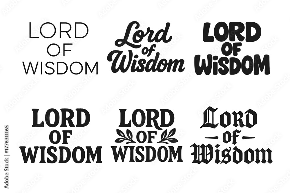 Obraz premium Wisdom Lettering Grid. Lord of Wisdom. Set lettering. harmonious lettering variations of the same emblematic concept (Modern minimal monoline lettering, Bold