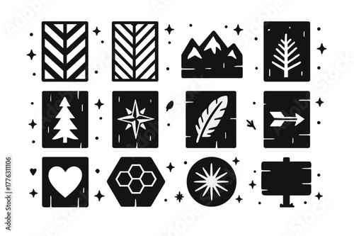 Reclaimed Wood Wall Art. Rustic wall art from reclaimed wood. Solid icons set of Rustic wall art from reclaimed wood: chevron panel, herringbone panel,