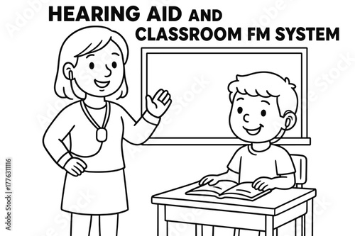 Hearing Aid Coloring Fun. Hearing aid and classroom FM system children?s coloring book illustration, outlined drawing, teacher wearing a microphone and student