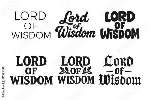 Wisdom Lettering Grid. Lord of Wisdom. Set lettering. harmonious lettering variations of the same emblematic concept (Modern minimal monoline lettering, Bold