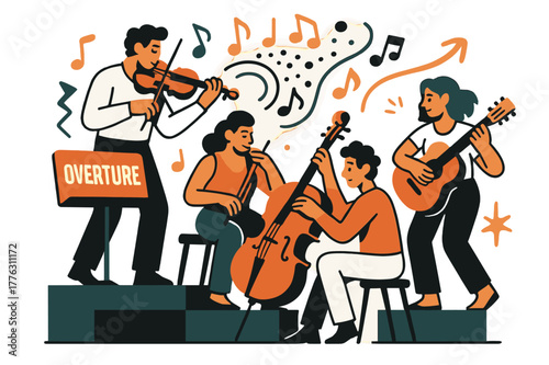 Amphitheater Overture Scene. Amphitheater ? Live Musicians. A small ensemble tunes beside the stage; notes and rhythm dots coil upward. Label ?overture? glows