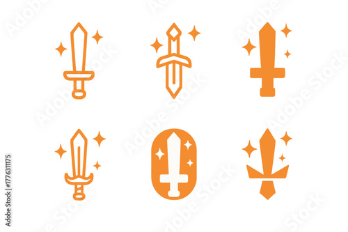 Cosplay Sword Logos. Fan conventions and cosplay events. Set Logo of prop weapon: foam sword with sparkles. Icon set. harmonious logo variations of the same