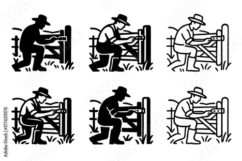 Farm Fence Logos. A farmer repairing a wooden fence in a field. Set Logo of A farmer repairing a wooden fence in a field: hinge and latch on wooden gate. Icon