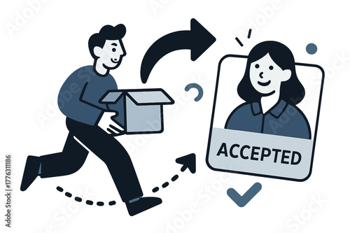 Easy Returns Icon. Shopping Habits ? Easy Returns. A box icon unfolds into a curved arrow; a smiling clerk card confirms ?accepted?. Dotted steps show return