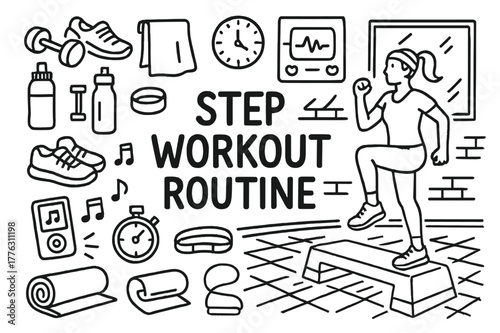 Step Workout Essentials. Step Workout Routine. Hand-drawn doodle illustration Step Workout Routine aerobic step, person exercising, dumbbells, sneakers, towel,