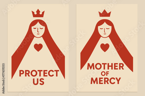 Our Lady Banners. Our Lady of Mercy. Two vertical A6 banners with safe margins, centered composition, no elements touching edges, geometric, scarlet and beige,