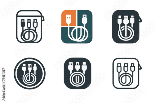 Travel Cable Kit Logos. Travel cable kit. Set Logo of Travel cable kit: zip pouch with neatly wound leads. harmonious logo variations of the same emblematic