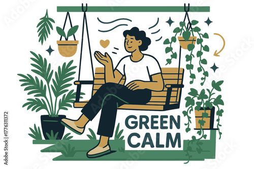 Peaceful Porch Vibes. Porch plants and peace. Ferns, hanging pots, and trailing ivy surround the swing; ?green calm? lettering along the railing. Breathing