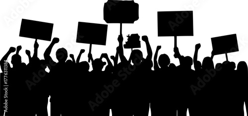Silhouette crowd protesting with signs and raised fists
