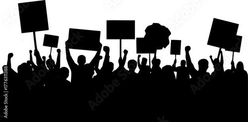 Silhouette crowd protesting with signs and raised fists
