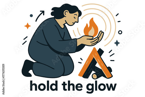 Firelight Vigil Scene. Keeper of the Hearth ? Firelight Vigil. Hands cup the flame as logs settle into a neat triangle; gentle halo lines echo outward. Caption