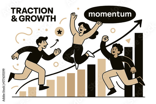 Dynamic Growth Visualization. Pitch Deck ? Traction & Growth. Bars and curves soar upward; milestone icons pulse at key dates. Label ?momentum.? glows at peak.