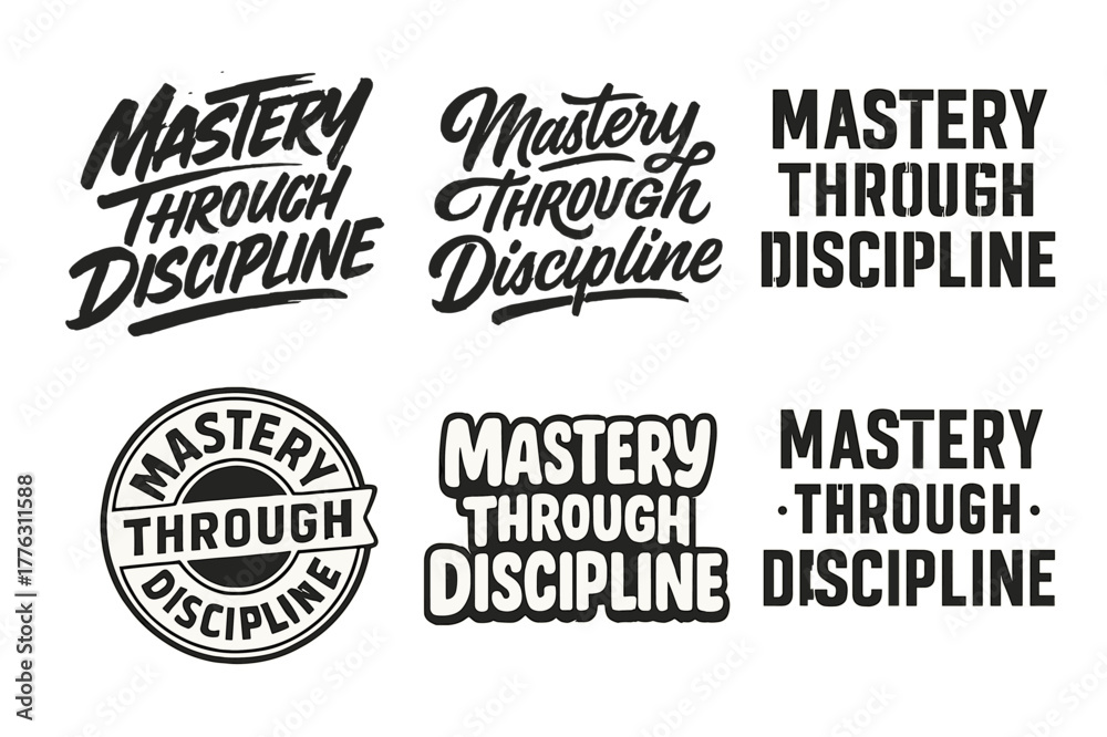 Fototapeta premium Diverse Lettering Styles. Mastery Through Discipline. Set lettering. harmonious lettering variations of the same emblematic concept, each with different