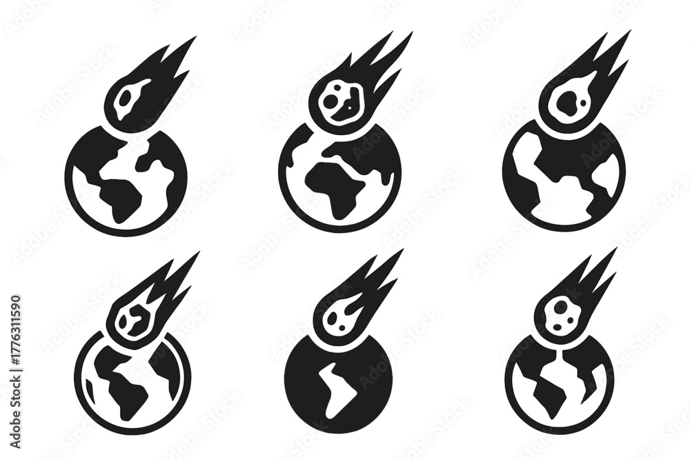 Obraz premium Asteroid Impact Logos. Asteroids and meteor impacts on Earth. Set Logo of asteroids and meteor impacts on Earth: meteorite fragment specimen. Icon set.