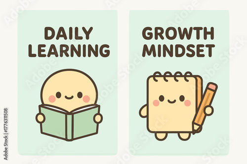 Kawaii Learning Banners. Daily learning. Two vertical A6 banners with safe margins, centered composition, no elements touching edges, kawaii, pastel mint and