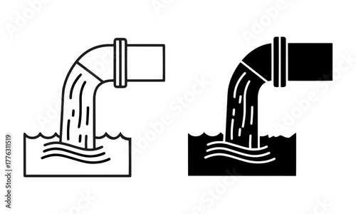 Industrial Waste Water Icons. Factory pipeline dumping into water Vector