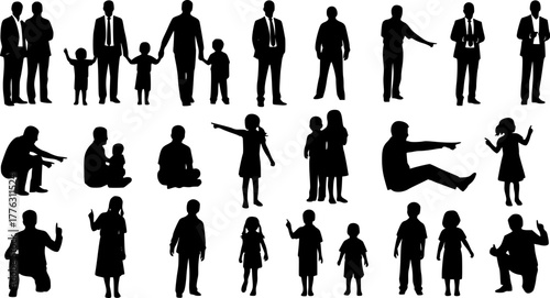 Black human silhouettes featuring people of various ages, genders, and businessmen, adults, children, and babies in different dynamic poses such as standing, walking, sitting, pointing, dancing,