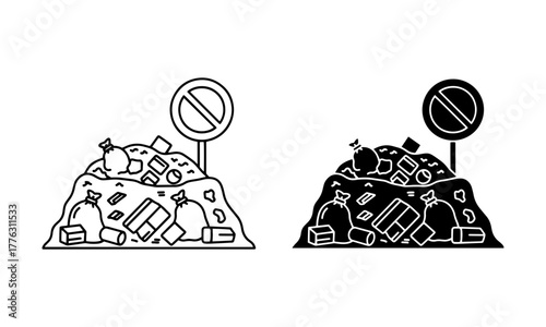 Landfill Dumping Ban Icons. Garbage heap stop excessive dumping Vector.