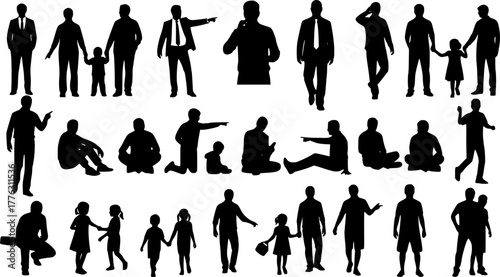 Black human silhouettes featuring people of various ages, genders, and businessmen, adults, children, and babies in different dynamic poses such as standing, walking, sitting, pointing, dancing,