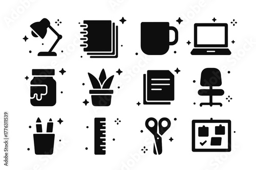 Creative Workspace Icons. Creative Workspace. Solid icons set of Creative Workspace: desk lamp, sketchbook stack, coffee mug, laptop, paint jar, potted plant,