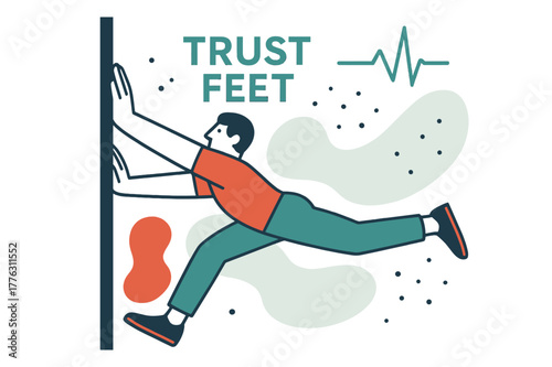 Dynamic Climbing Artistry. Slab Balance Challenge. Palms press, toes smear, the body becomes a line; ?TRUST FEET? hovers as tiny grip dots drift. A calm