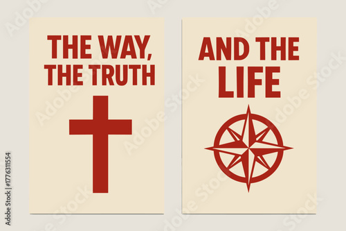 Truth and Way Banners. Truth and Way. Two vertical A6 banners with safe margins, centered composition, no elements touching edges, bold, red and beige, cross
