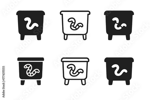Compost Logo Variations. Composting and waste reduction methods. Set Logo of composting and waste reduction methods: worm composting bin. Icon set. harmonious