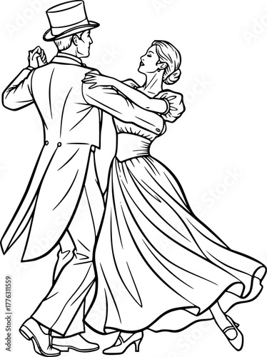 Elegant Couple Dancing in Vintage Formal Wear Top Hat Dress Black and White Outline Line Art Drawing
