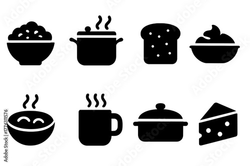 Comfort Food Icons. Comfort food. Filled icon set of comfort food: risotto bowl, soup pot, bread slice, mashed