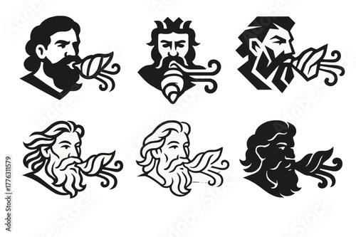 Divine Wind Logos. A god controlling the winds and the storms. Set Logo of A god controlling the winds and the storms: conch shell blowing powerful winds. Icon